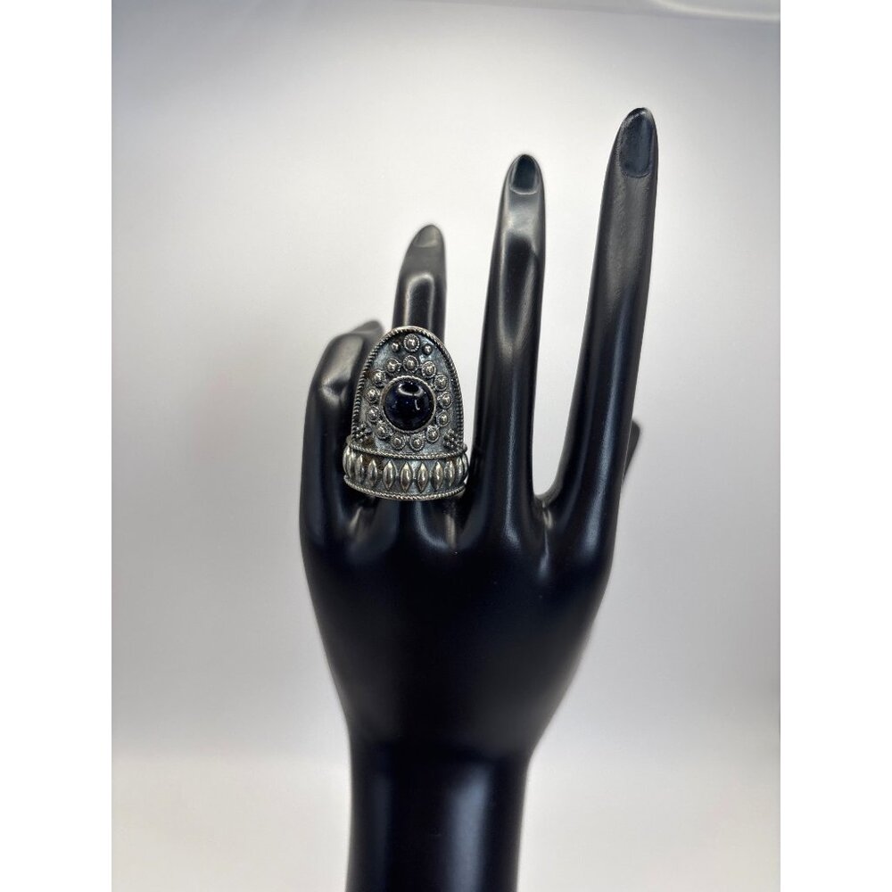 Silver Tone Blue Sandstone Tribal Boho Ring Size 8
